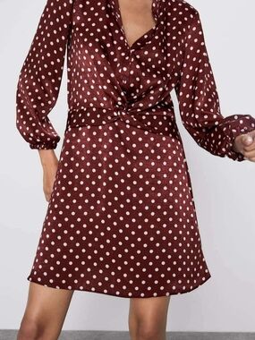 ZARA Polka Dot Twist-Front Mini Dress in Burgundy